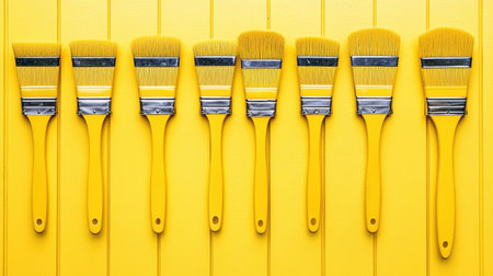 A vibrant display of yellow paint brushes arranged on a colorful background. Ideal for projects related to home improvement, DIY, and artistic endeavors.の素材