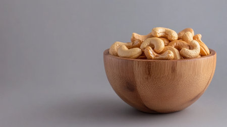 A beautiful close-up of cashew nuts presented in a rustic wooden bowl against a gray background, ideal for healthy snack and culinary concepts.の素材