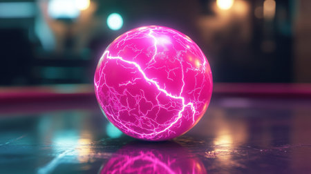 A stunning pink electric sphere radiates energy with intricate lightning patterns on a reflective surface, creating a captivating and vibrant visual experience.の素材