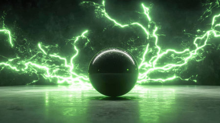 A glossy black sphere sits against a dramatic green lightning background, creating an electrifying atmosphere full of energy and modern artistic style.の素材