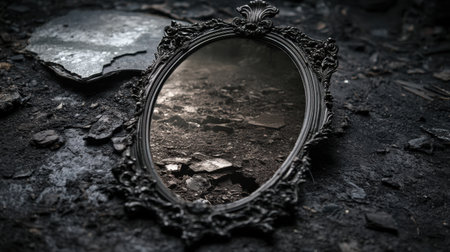 An antique mirror lies in a dark, gritty environment, reflecting a haunting and eerie atmosphere, perfect for artistic interpretations and storytelling.の素材