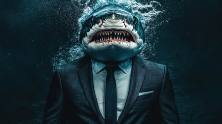 This striking image depicts a shark in a business suit, merging corporate world aesthetics with marine life. A unique, surreal concept that guarantees attention.の素材