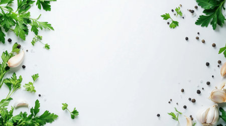 Vibrant assortment of fresh herbs and spices surrounds a blank space, perfect for culinary creations or recipe layouts in a clean, minimal kitchen setting.の素材