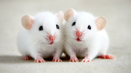 Two cute white mice with pink noses and ears sit close together, showcasing their playful nature and adorable features in a serene setting.の素材
