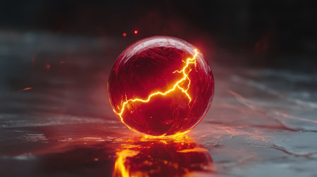 A striking red sphere radiates energy with lightning effects, set against a reflective surface, creating a captivating and dynamic abstract visual scene.の素材