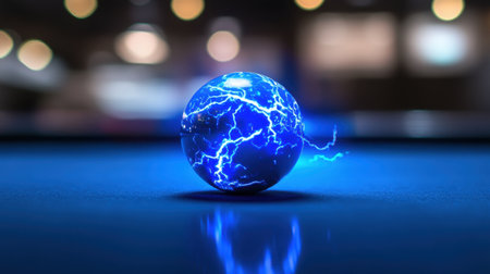 This image features a vibrant electric blue sphere emitting lightning effects, creating a stunning visual impact. Ideal for tech and abstract themes.の素材