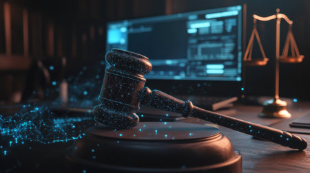 A modern office scene featuring a gavel and digital elements representing law and technology. The image captures the essence of legal innovation and justice.の素材