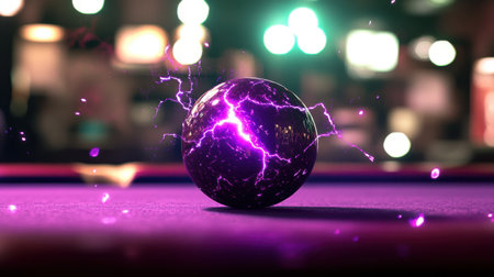 A captivating image of an electric energy ball on a pool table, radiating vibrant purple lightning and dynamic glow. Perfect for themes of entertainment and excitement.の素材