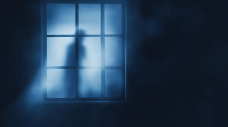 A shadowy figure appears behind a foggy window at night, creating a suspenseful and eerie atmosphere. The blue light enhances the mystery and intrigue.の素材