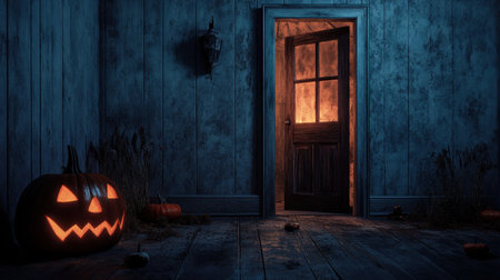 A hauntingly beautiful scene featuring a glowing doorway with a carved pumpkin beside it, creating a spooky atmosphere perfect for Halloween festivities.の素材