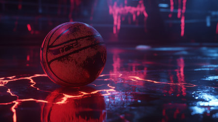 A dramatic scene featuring a basketball on a glowing wet surface. The red light reflection creates an intense atmosphere, embodying the spirit of competition and athleticism.の素材