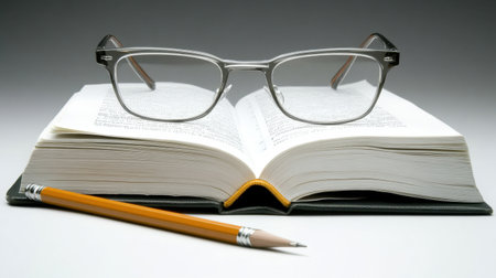 A pair of glasses rests on an open book next to a pencil, creating a serene study scene. Ideal for topics related to education, learning, and knowledge.の素材