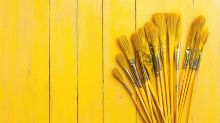 A vibrant collection of yellow paintbrushes arranged on a bright yellow wooden background, perfect for art, design, and creative projects.の素材