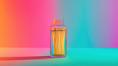 A vibrant still-life photo featuring matchsticks in a clear bottle against a colorful gradient background. Perfect for artistic and creative projects.の素材