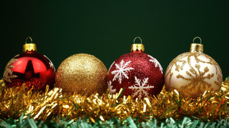 A vibrant display of colorful Christmas ornaments resting on green tinsel. The shiny balls include red, gold, and white with intricate designs, perfect for holiday decor.の素材