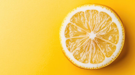 A vibrant, fresh lemon slice rests on a bright yellow background, showcasing its juicy texture and unique pattern, perfect for food-related themes.の素材