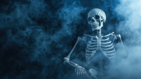 A haunting skeleton sits amidst a thick fog, creating an eerie atmosphere perfect for Halloween or horror themes. The dark and mysterious setting emphasizes the skeletal structure, evoking feelings of intrigue and fear.の素材