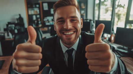 A confident businessman smiles and gives thumbs up in a modern office, conveying positivity and success in the workplace environment.の素材