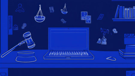 A modern workspace illustration featuring a laptop, gavel, and legal scales against a vibrant blue backdrop. Perfect for themes of law and technology.の素材