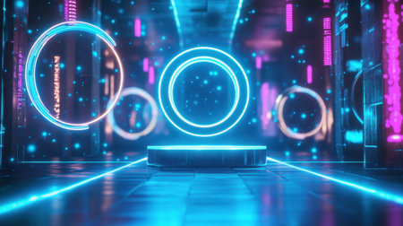 A captivating futuristic corridor illuminated with vibrant neon lights, featuring glowing circular elements and an abstract design, perfect for science fiction themes.の素材