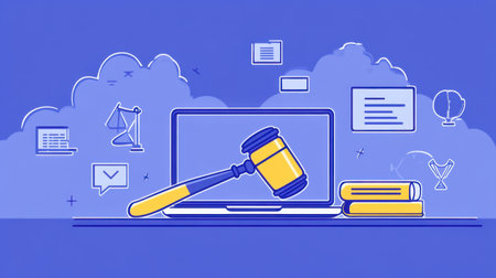 This illustration showcases a laptop displaying a gavel and legal elements, representing the intersection of law and technology in modern practices.の素材