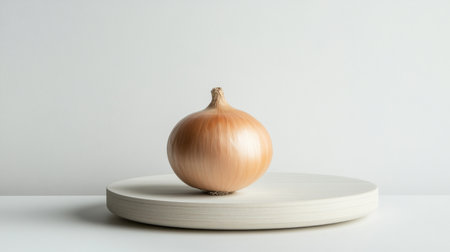 A fresh onion stands alone on a minimalist white platform, showcasing its smooth texture and natural color, perfect for cooking or food photography.の素材