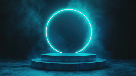 A captivating neon circle glows over a dark, smoky stage, creating a stunning visual effect. Perfect for themes of technology, creativity, and modern design.の素材