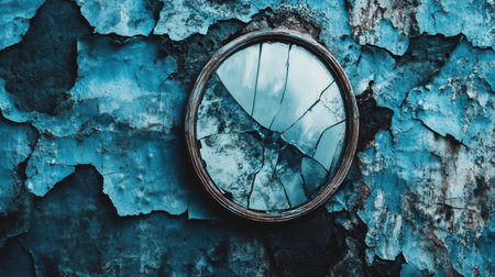 A round mirror with a cracked surface reflects light against a blue, rustic wall. The peeling paint and texture create a unique, artistic aesthetic.の素材