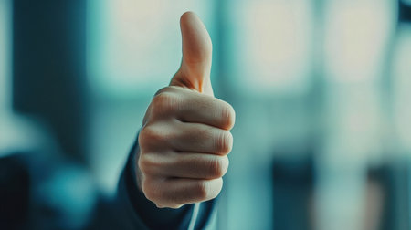 A close-up image of a hand showing a thumbs-up gesture, symbolizing approval and positivity. The blurred background enhances the focus on the gesture, conveying encouragement.の素材
