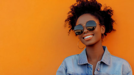 A cheerful woman wearing sunglasses and a denim jacket smiles against a vibrant orange wall, radiating confidence and joy in a stylish, casual setting.の素材
