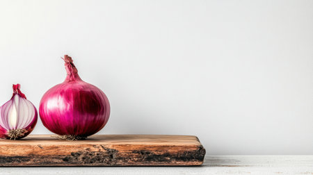 A vibrant display of red onions on a rustic wooden surface, perfect for culinary themes. Ideal for food photography, healthy eating, and ingredient selection.の素材