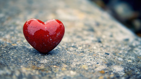 A vibrant red heart resting on a textured rock surface, symbolizing love and emotion. This close-up shot offers a serene and intimate view, perfect for conveying warmth and passion.の素材