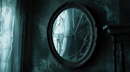 A haunting image of a broken mirror in a dark, abandoned room. The eerie atmosphere and intricate details enhance the sense of mystery and decay.の素材