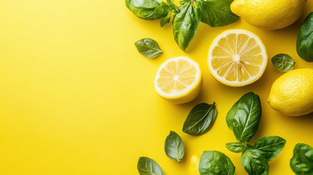 A vibrant composition featuring fresh lemons and basil leaves on a bright yellow background, perfect for culinary, health, or summer-themed projects.の素材