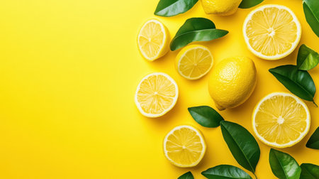 A vibrant display of fresh lemons with green leaves on a bright yellow background. This image captures freshness and vitality, perfect for culinary or health-related themes.の素材