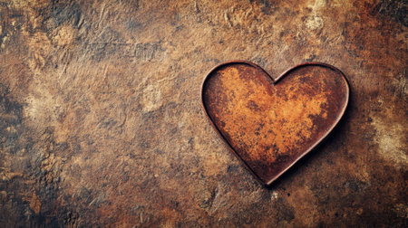 A rustic, rusty heart shape rests on a textured background, evoking themes of love and nostalgia. Perfect for romantic designs, vintage aesthetics, and artistic creations.の素材
