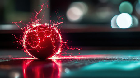 A striking image of a red sphere radiating electric energy, surrounded by vibrant light effects. Perfect for themes of innovation and creativity.の素材