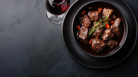 Delicious gourmet beef stew served with aromatic herbs and a glass of red wine. Perfect for a cozy dinner or a special occasion with loved ones.の素材