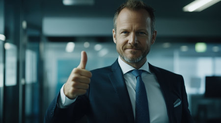 A confident businessman in a dark suit offers a thumbs up in an office, showcasing professionalism and a positive attitude towards teamwork and success.の素材