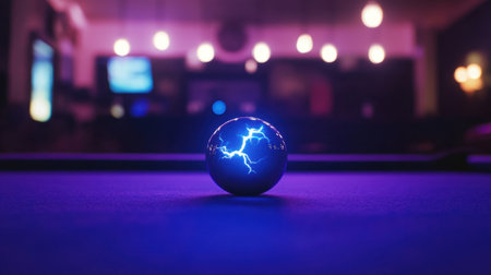 A dramatic electric sphere radiates blue lightning on a pool table, illuminated by soft lighting in a bar setting, creating a captivating atmosphere.の素材