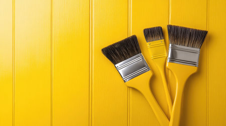 Close-up of three yellow paint brushes positioned against a bright yellow panel wall, perfect for illustrating home improvement and DIY projects.の素材