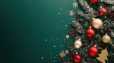A beautiful arrangement of red and gold ornaments scattered around a Christmas tree on a rich green background, evoking a festive holiday spirit.の素材