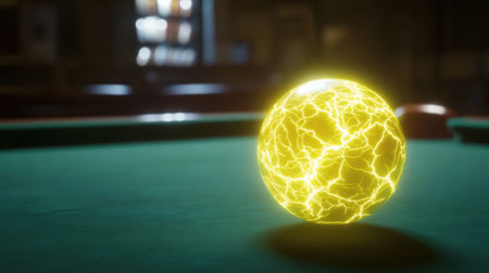 A vibrant, electric ball sits on a green pool table, showcasing dynamic energy with bright light effects. Perfect for gaming or sports visuals.の素材