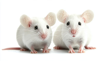 This image showcases two adorable white mice sitting together against a clean white background, capturing their playful and curious nature.の素材
