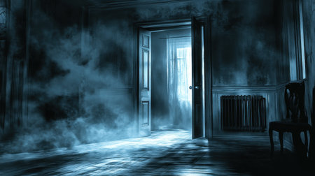 An eerie room shrouded in mystery, featuring a foggy atmosphere and an open door. Light filters through, creating a haunting ambiance perfect for storytelling.の素材