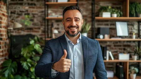 A confident businessman in a modern office setting giving a thumbs up. The warm ambiance is enhanced by greenery and natural light, conveying positivity and professional success.の素材