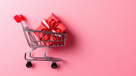 A vibrant shopping cart carrying a beautifully wrapped gift, perfect for conveying themes of celebration, retail, and holiday shopping in creative campaigns.の素材