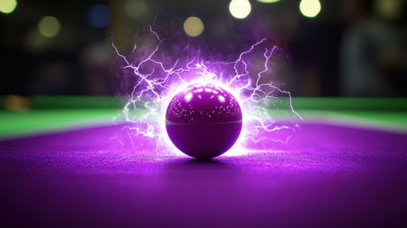 A striking electric purple sphere with lightning effects on a snooker table, creating a dynamic and energetic atmosphere perfect for sports-related themes.の素材