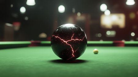 A striking electric pool ball rests on a vibrant green table, illuminated by soft lighting, creating an exciting atmosphere for game enthusiasts.の素材