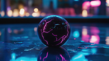 A captivating globe reflecting neon lights on a wet surface, creating a striking abstract visual. The vibrant colors and modern design evoke a futuristic and artistic atmosphere.の素材